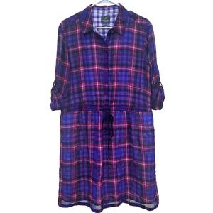 Adrianna‎ Papell Large Plaid Shirt Dress Midi Drawstring Roll Tab Sleeve Casual